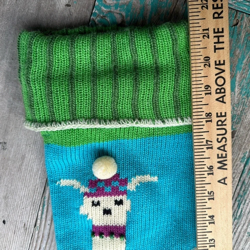 Vintage Hand Knitted Llama‎ Christmas Stocking 21 Inch Beads Accent Green Blue